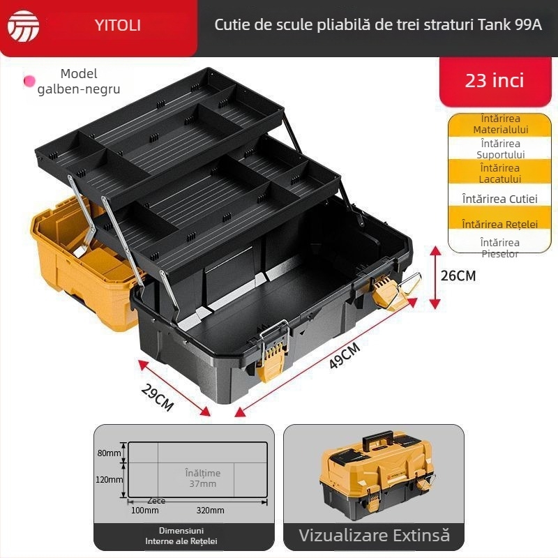 Cutie de unelte din plastic, cu trei niveluri pliante, industrială, pentru montaj în vehicul și depozitare pentru electrician