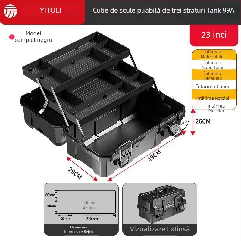 Cutie de unelte din plastic, cu trei niveluri pliante, industrială, pentru montaj în vehicul și depozitare pentru electrician