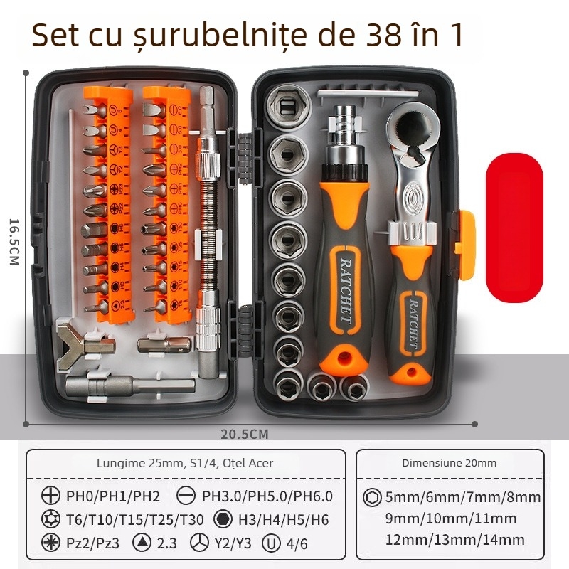 Set 38-in-1 șurubelnițe cu clichet, 180° funcție, oțel crom-vanadiu, 38 de unelte, pentru reparații la motociclete și mașini (oțel crom-vanadiu • 38 unelte • funcție 180° • pentru reparații motociclete și mașini)