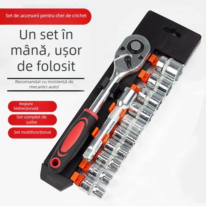Set de scule auto, 12 piese, cu cheie cu soclu, din oțel carbon, pentru întreținere și reparații ale mașinilor