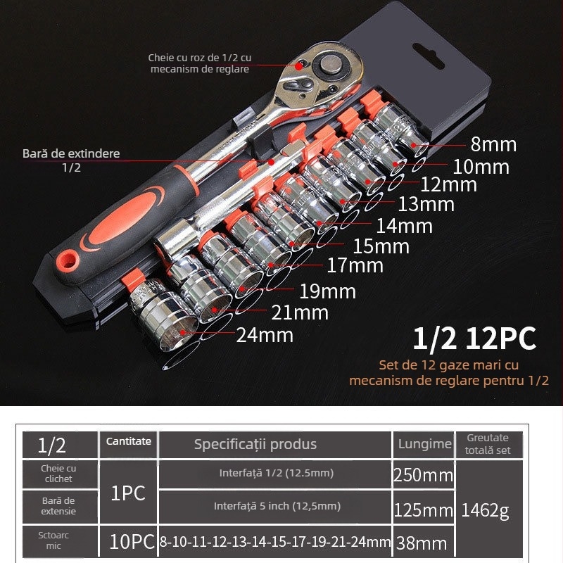 Set de scule auto, 12 piese, cu cheie cu soclu, din oțel carbon, pentru întreținere și reparații ale mașinilor
