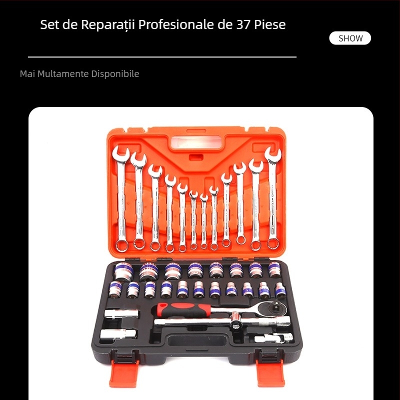 Set de scule auto – 37 piese, din oțel carbon, trusă cu chei cu ratchet pentru reparații auto și motociclete