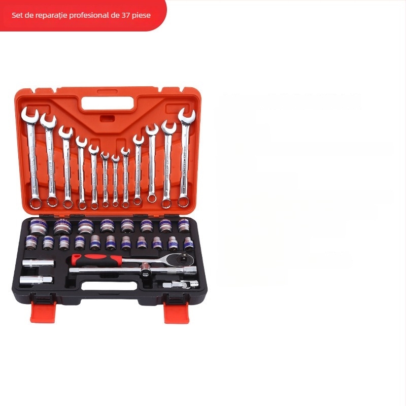 Set de scule auto – 37 piese, din oțel carbon, trusă cu chei cu ratchet pentru reparații auto și motociclete
