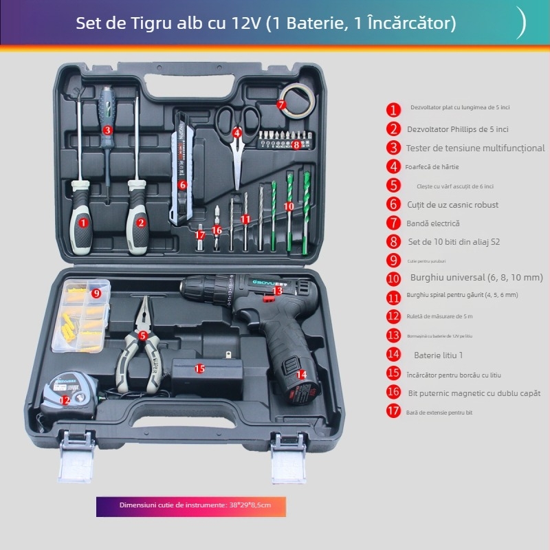 Osayu 12V Bormașină cu acumulator litiu - Set scule pentru casă, 13 piese, Oțel cu carbon înalt