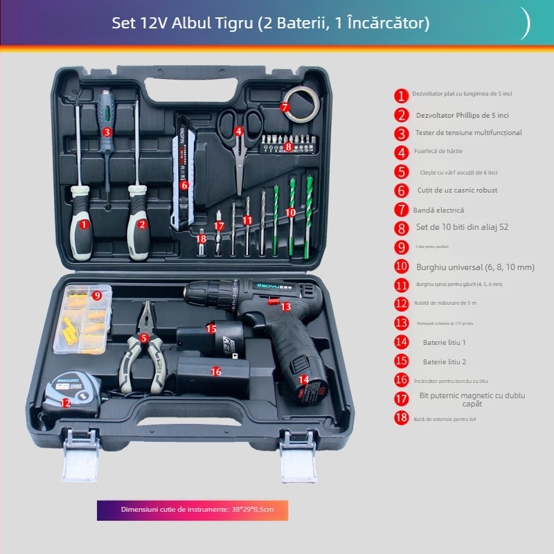 Osayu 12V Bormașină cu acumulator litiu - Set scule pentru casă, 13 piese, Oțel cu carbon înalt