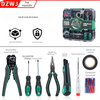 Set de scule pentru gospodărie, 8 piese, cu decapator automat pentru cabluri și șurubelnițe, în cutie de unelte (oțel crom-molibden-vanadiu)