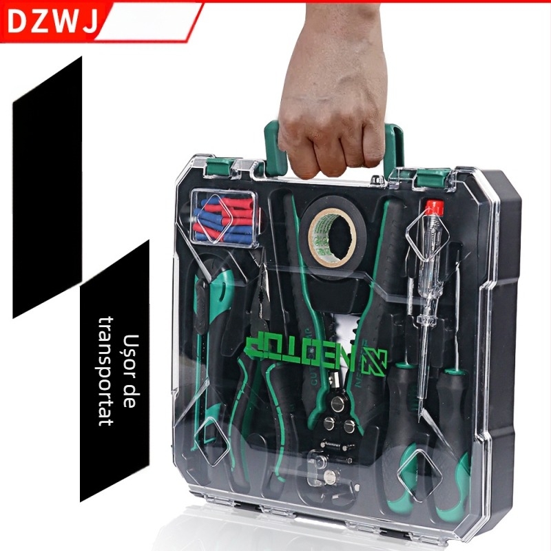 Set de scule pentru gospodărie, 8 piese, cu decapator automat pentru cabluri și șurubelnițe, în cutie de unelte (oțel crom-molibden-vanadiu)