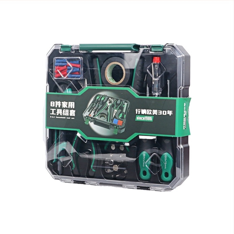 Set de scule pentru gospodărie, 8 piese, cu decapator automat pentru cabluri și șurubelnițe, în cutie de unelte (oțel crom-molibden-vanadiu)