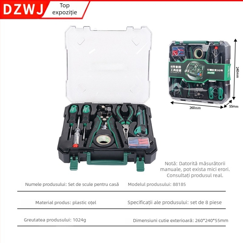 Set de scule pentru gospodărie, 8 piese, cu decapator automat pentru cabluri și șurubelnițe, în cutie de unelte (oțel crom-molibden-vanadiu)