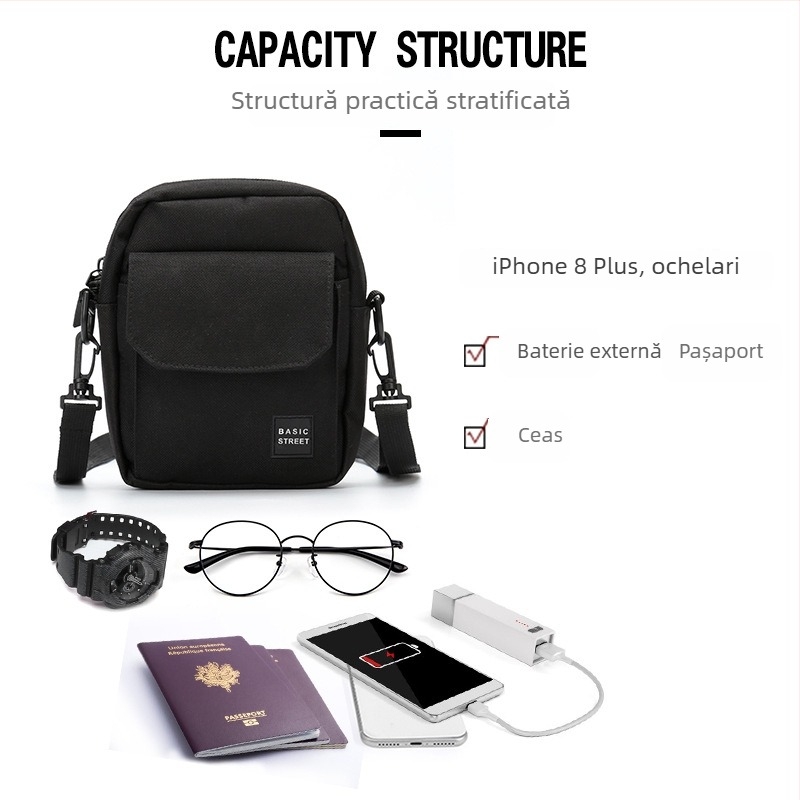 Geantă crossbody pentru bărbați din nailon, formă pătrat vertical, închidere cu fermoar, buzunare interioare: buzunar cu fermoar, buzunar pentru telefon și ID, curea simplă, TAX842