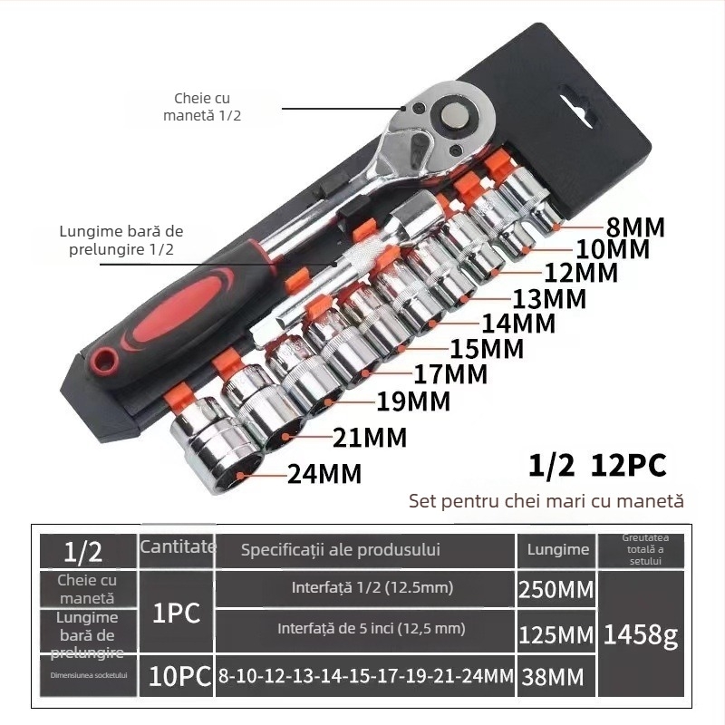 Set de 12 chei cu conector hexagonal, pentru reparații auto și motociclete, în trusă — material: chromium vanadium steel; finisaj: galvanizat; greutate: 1.45
