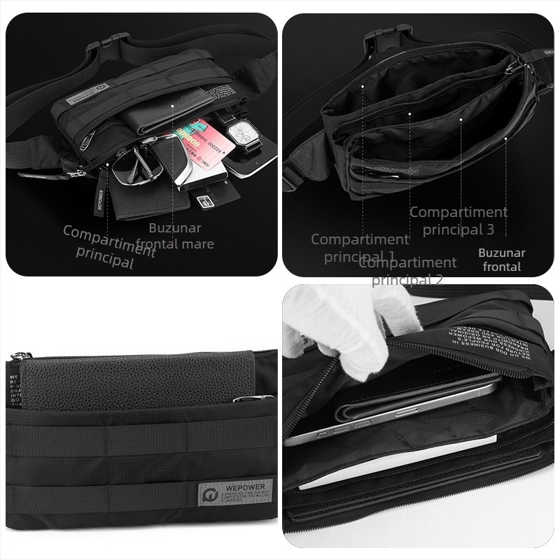 Geantă pentru piept bărbați din nailon, impermeabilă și ultraușoară, căptușită cu poliester, potrivită pentru călătorii de agrement