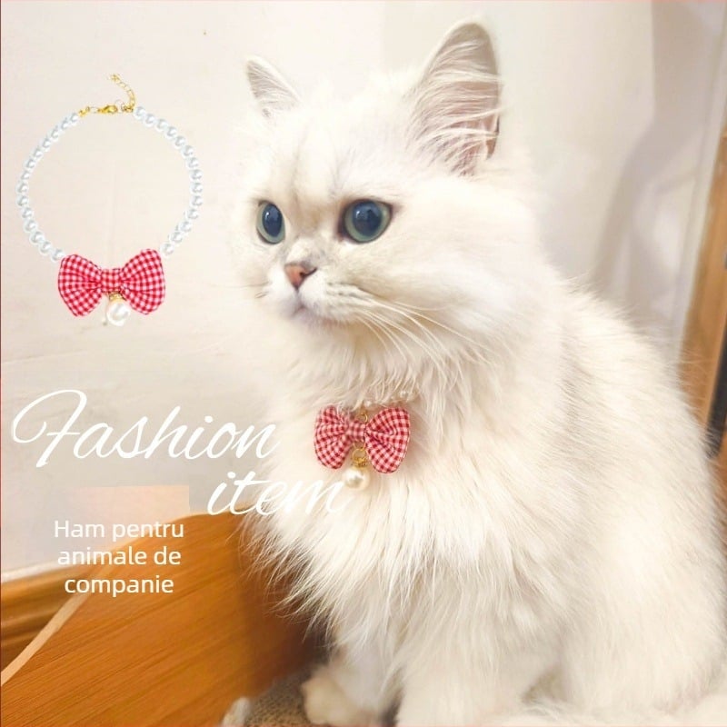 Colier pentru animale de companie cu funda perlată, pentru pisici și câini, model monocrom, material plastic, stil prințesă