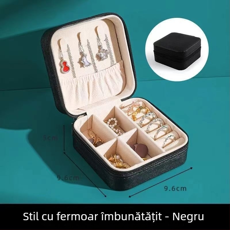 Cutie portabilă pentru bijuterii din PU piele pentru cercei și verighete, Modelul 062, Capacitate 18 L, Rezistentă la praf