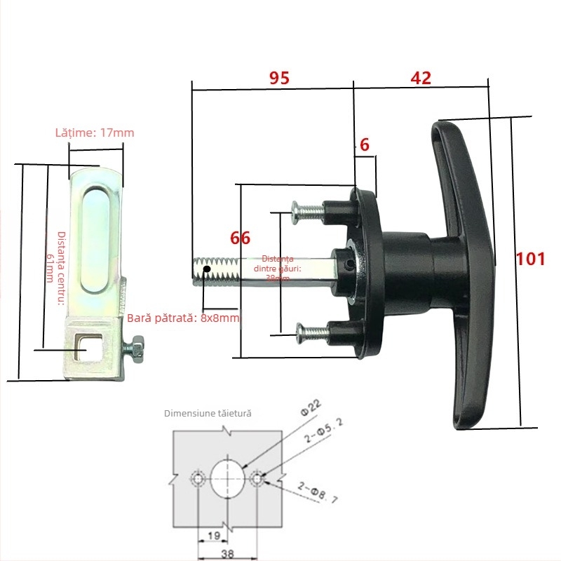 MS309 Încuietoare cu mâner pentru dulapuri și garaj – aliaj de zinc, stil modern minimalist, model MS309