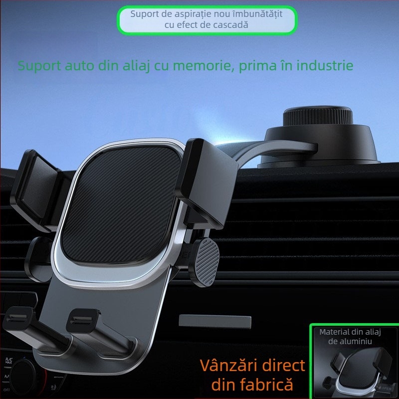 Suport pentru telefon auto pentru navigație — montare cu ventuză, compatibil cu gurile de ventilație și bord, blocare automată
