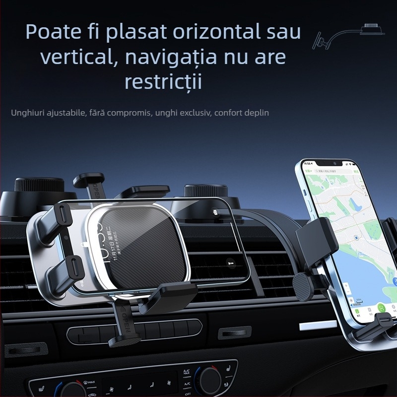 Suport pentru telefon auto pentru navigație — montare cu ventuză, compatibil cu gurile de ventilație și bord, blocare automată