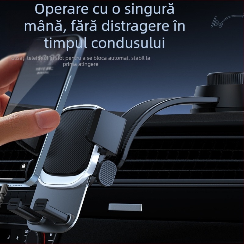 Suport pentru telefon auto pentru navigație — montare cu ventuză, compatibil cu gurile de ventilație și bord, blocare automată