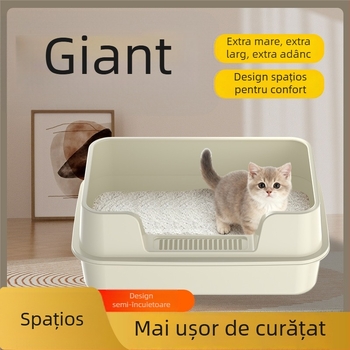 Cutie de nisip pentru pisici, gard înalt anti-strop, design semiînchis cu acces deschis, construcție pătrată din PP, marcă privată