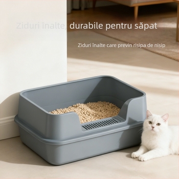 Cutie de nisip pentru pisici, gard înalt anti-strop, design semiînchis cu acces deschis, construcție pătrată din PP, marcă privată