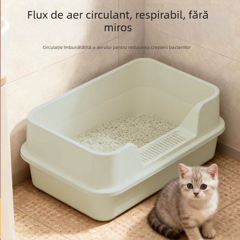 Cutie de nisip pentru pisici, gard înalt anti-strop, design semiînchis cu acces deschis, construcție pătrată din PP, marcă privată