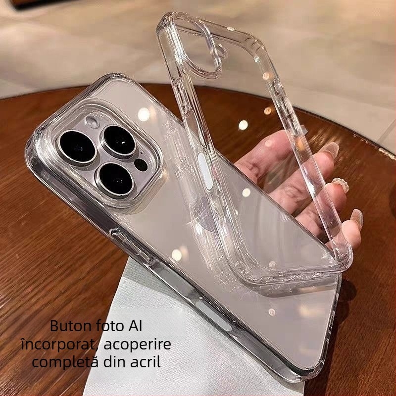 Husă de telefon cu buton AI pentru cameră – Transparent, acrilic, turnare prin injecție, antișoc, rezistență la uzură