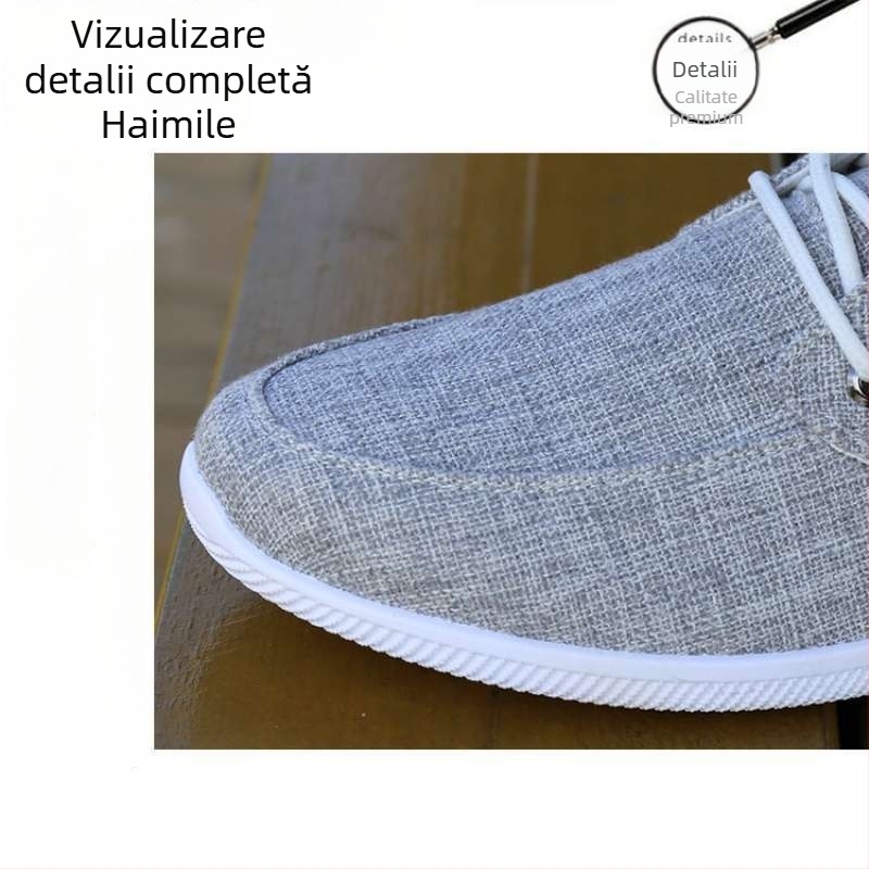 Pantofi de toamnă pentru bărbați din pânză, partea superioară din cânepă, talpă din cauciuc, vârf din piele, închidere cu șireturi, înălțime medie
