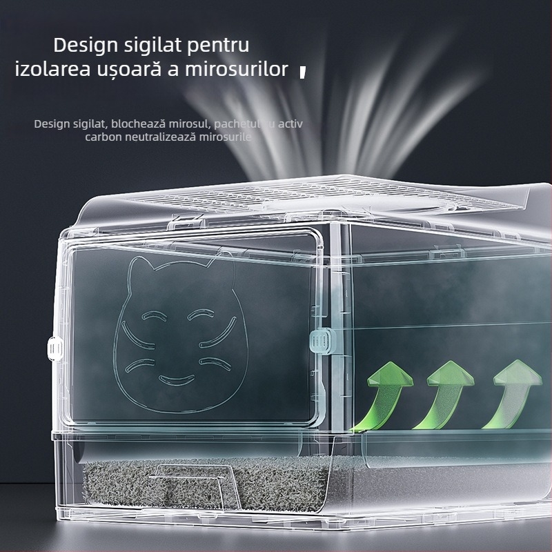 Cutie de nisip pentru pisici, tip sertar, complet închisă, anti-miros, rezistentă la zgârieturi și uzură, polipropilenă