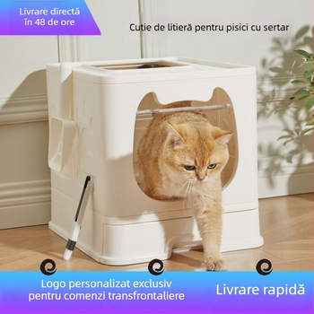 Toaletă pentru pisici complet închisă cu sertar, pliabilă, ușor de curățat, anti-miros și anti-scurgere