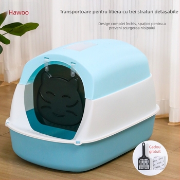 Cutie de nisip pentru pisici, închisă, formă circulară, material PP, marca HAWoo