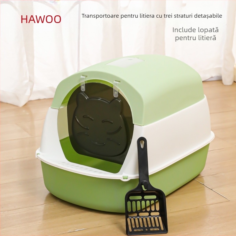 Cutie de nisip pentru pisici, închisă, formă circulară, material PP, marca HAWoo