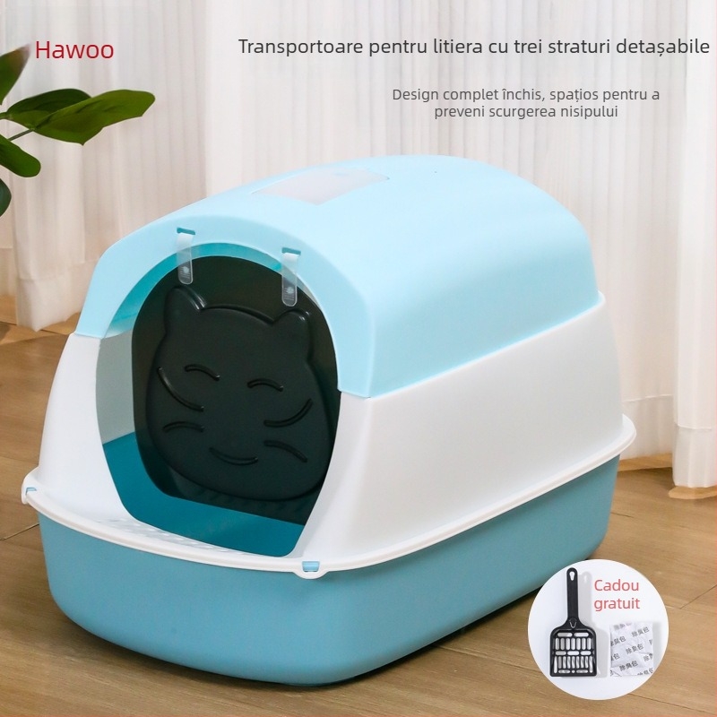 Cutie de nisip pentru pisici, închisă, formă circulară, material PP, marca HAWoo