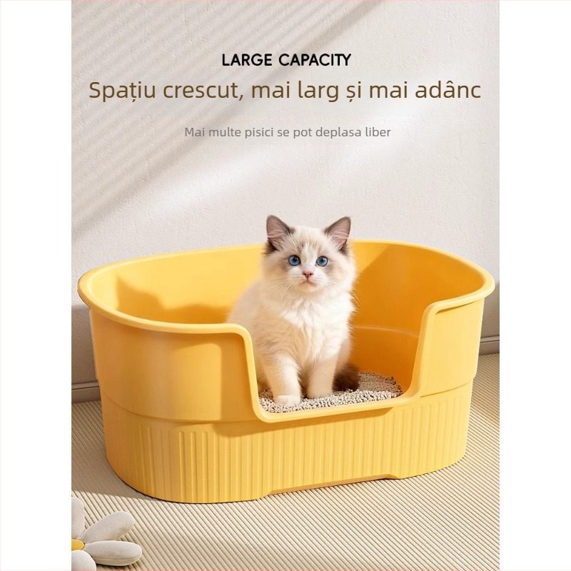 Cutie de nisip pentru pisici, deschisă integral, design anti-strop, material PP