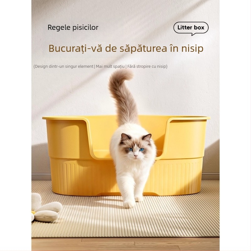 Cutie de nisip pentru pisici, deschisă integral, design anti-strop, material PP
