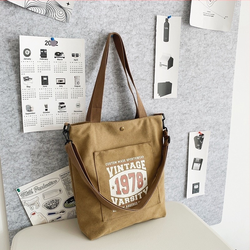 Geantă din pânză unisex, capacitate mare, geantă de școală retro cu fermoar