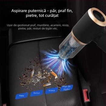 Aspirator auto fără fir – 50W, aspirație ≥25 kPa, baterie încorporată, autonomie 3–6h, zgomot ≤36 dB