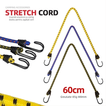Selpa șnur elastic cu cârlige metalice duble, pentru cort, uscarea rufelor și camping