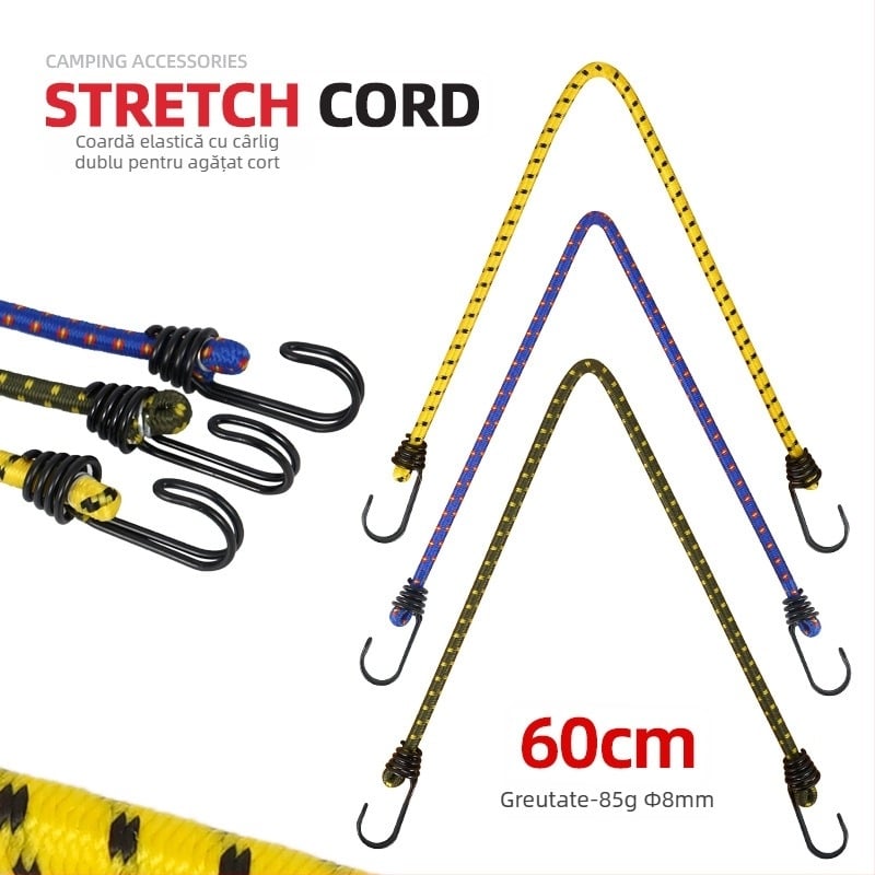 Selpa șnur elastic cu cârlige metalice duble, pentru cort, uscarea rufelor și camping