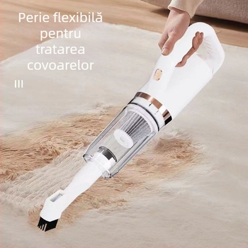 Aspirator fără fir pentru casă și mașină — compact, puternic; baterie încorporată 1600–2000 mAh; aspirație peste 5000 Pa; curățare umedă și uscată; duză podea 2-în-1; autonomie 3–6 ore; zgomot sub 36 dB.