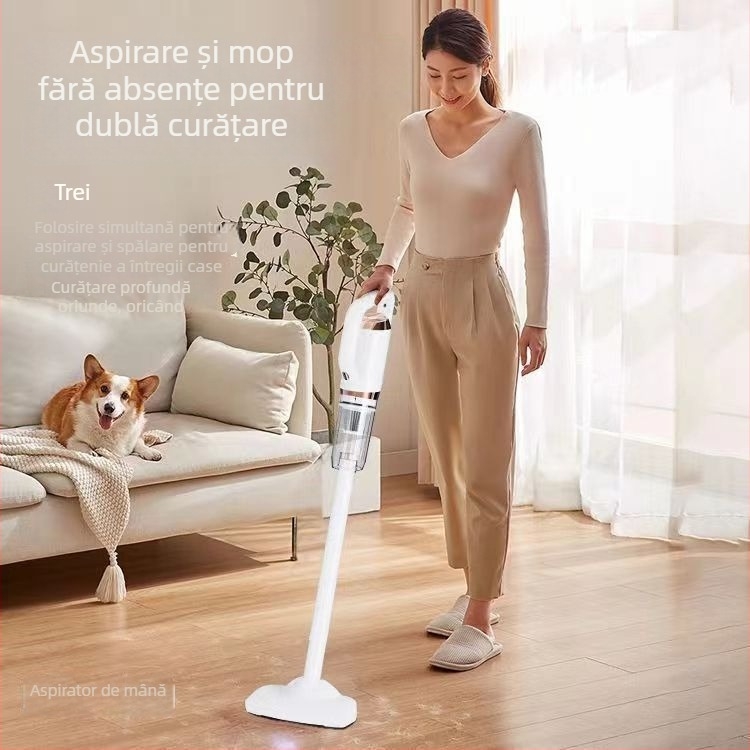 Aspirator fără fir pentru casă și mașină — compact, puternic; baterie încorporată 1600–2000 mAh; aspirație peste 5000 Pa; curățare umedă și uscată; duză podea 2-în-1; autonomie 3–6 ore; zgomot sub 36 dB.