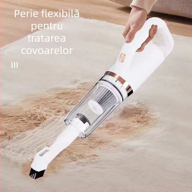 Aspirator fără fir pentru casă și mașină — compact, puternic; baterie încorporată 1600–2000 mAh; aspirație peste 5000 Pa; curățare umedă și uscată; duză podea 2-în-1; autonomie 3–6 ore; zgomot sub 36 dB.