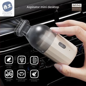 Aspirator de birou portabil fără fir, baterie încorporată 1600–2000 mAh, 2 W, autonomie 1–3 h, zgomot < 36 dB