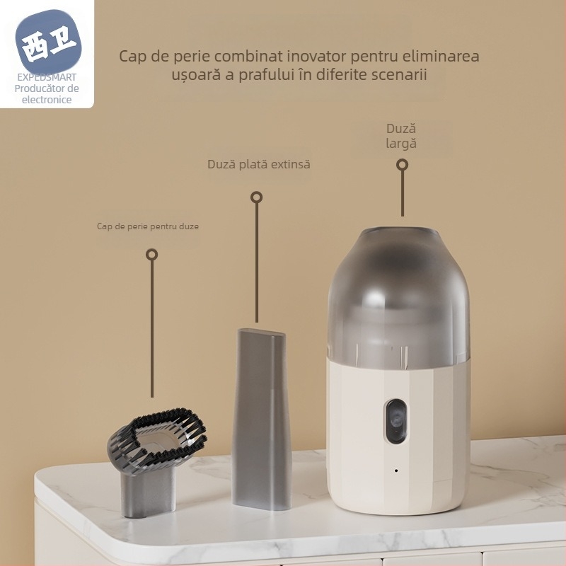 Aspirator de birou portabil fără fir, baterie încorporată 1600–2000 mAh, 2 W, autonomie 1–3 h, zgomot < 36 dB