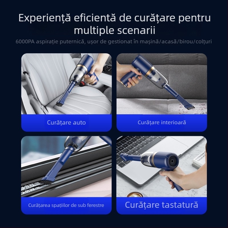 Aspirator portabil fără fir pentru mașină – umed și uscat, baterie încorporată 2000-2500mAh, 40-60W, 3100-4000Pa, zgomot sub 36dB