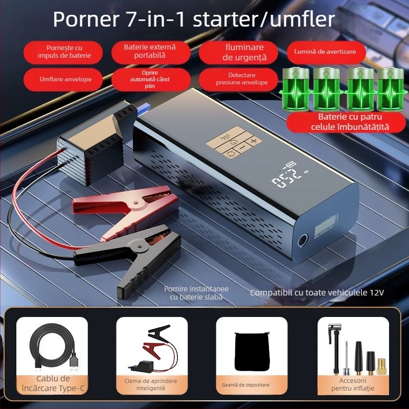 Umflător de pneuri auto cu sursă de pornire de urgență — Totul într-unul, 12V, 80W, 30 L/min, baterie de litiu