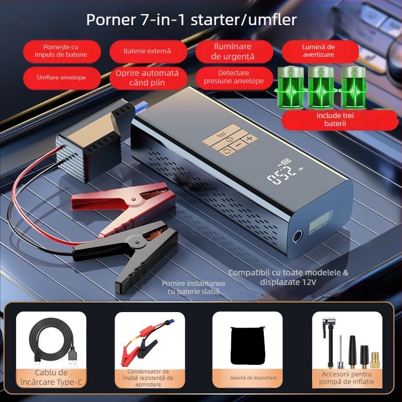 Umflător de pneuri auto cu sursă de pornire de urgență — Totul într-unul, 12V, 80W, 30 L/min, baterie de litiu