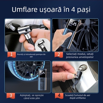 Pompa de aer portabilă pentru mașină cu afișaj digital, 12V, 80W, 25 L/min, încărcare USB; potrivită pentru anvelope auto, mingi, biciclete, motociclete și vehicule electrice