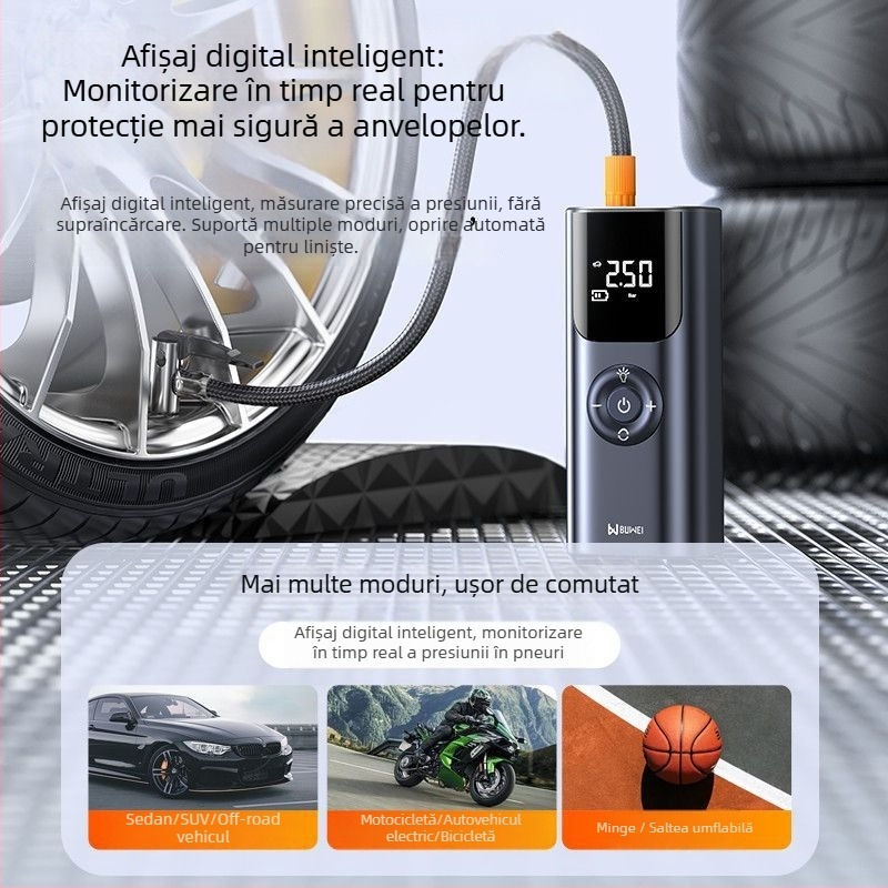 Pompa de aer pentru mașină, portabilă, 12V, 220W, încărcabilă, afișaj LCD digital, cablu 3,5–4 m