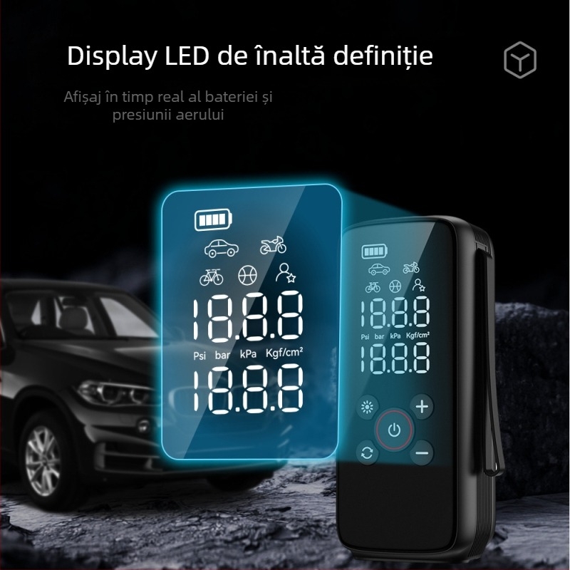 Pompa de aer pentru mașină, multifuncțională, 12V, 100W, 25 L/min, reîncărcabilă, afișaj digital