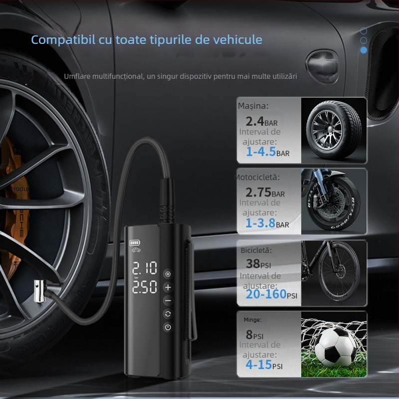 Pompa de aer auto pentru mașină – fără fir, portabilă, manuală, afișaj digital, oprire automată; 12V, 100W, 25 L/min